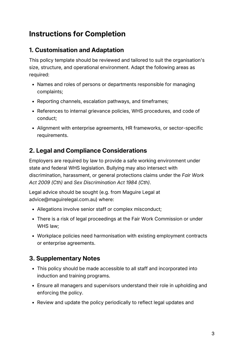 Anti-Bullying Policy for Australian workplaces addressing bullying, complaint procedures, compliance and employee protections