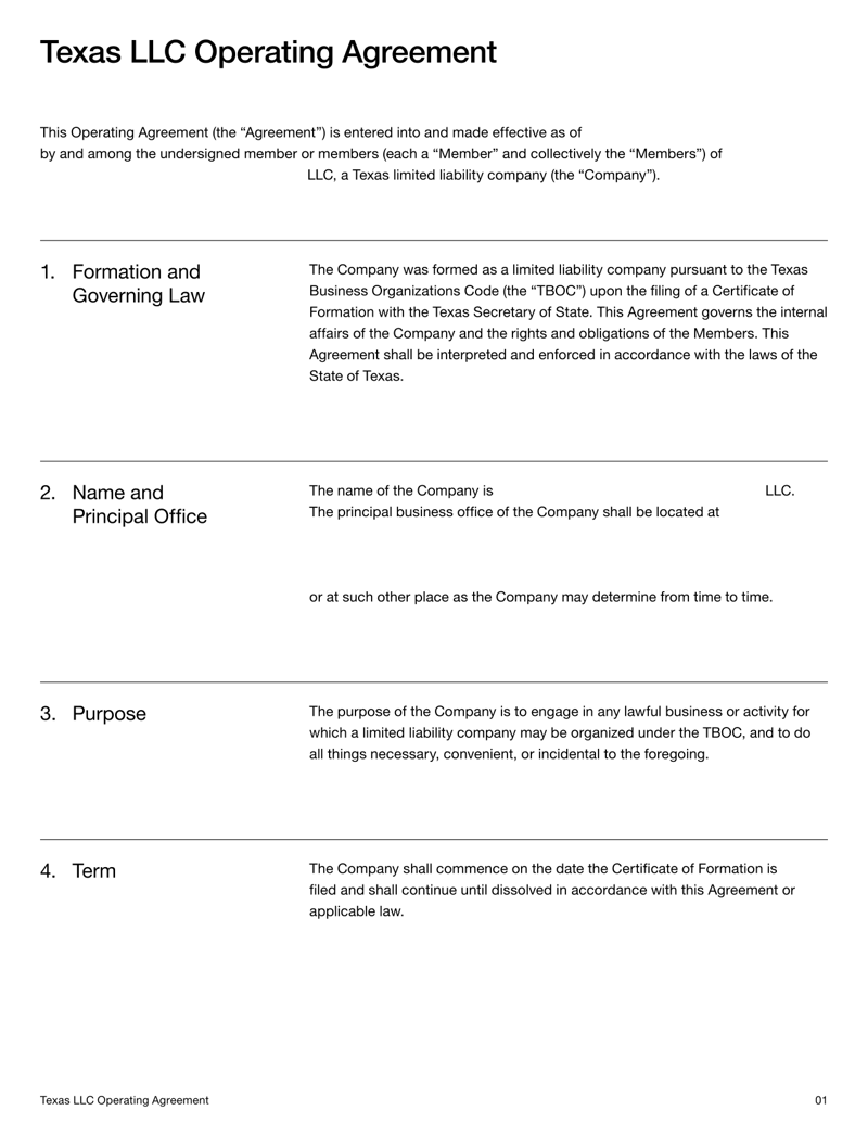 Texas LLC Operating Agreement outlining ownership, management structure, member responsibilities, profit distribution, and compliance requirements under Texas law