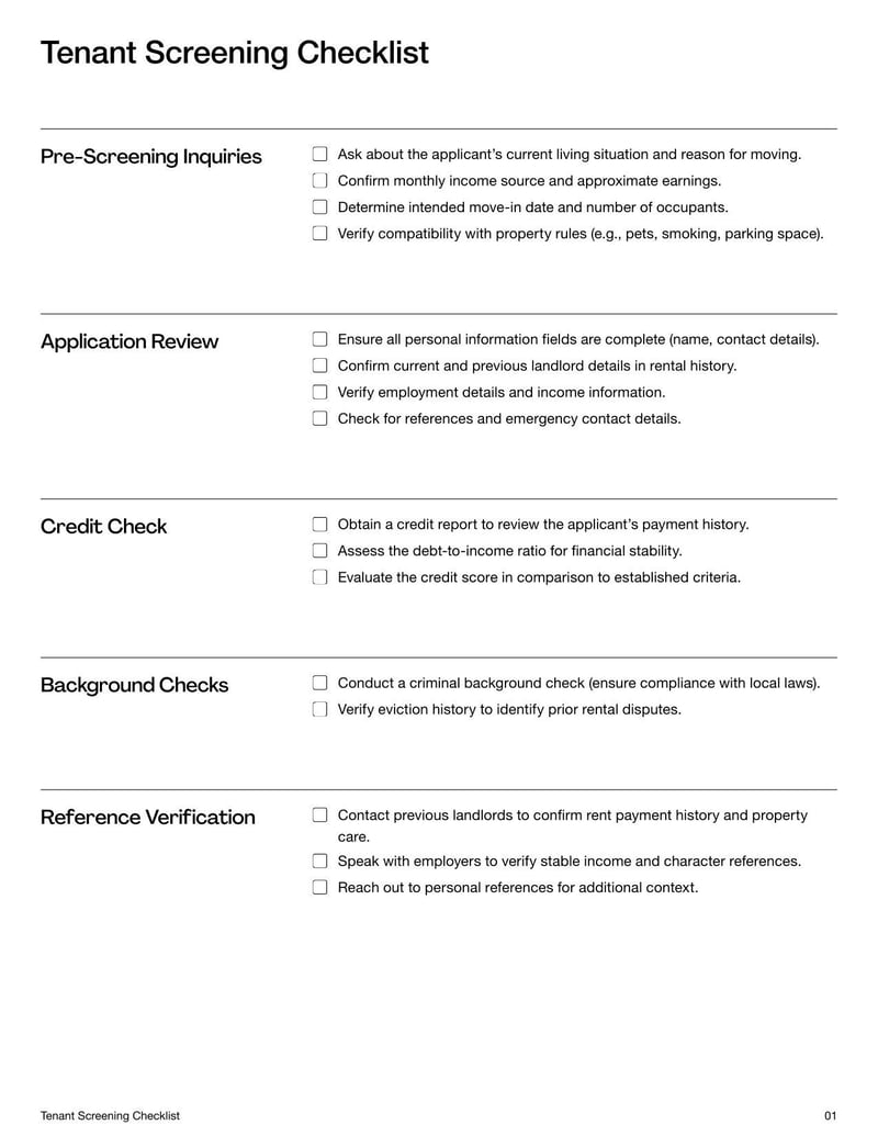 Tenant Screening Checklist for evaluating prospective renters