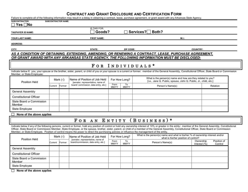 Large thumbnail of Contract and Grant Disclosure and Certification Form - Feb 2010
