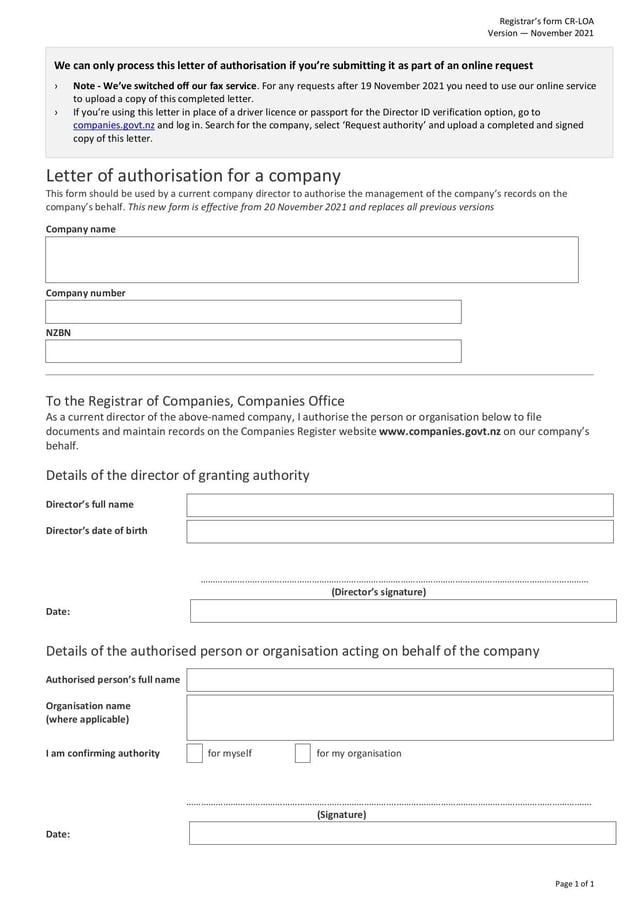 NZCR Letter of Authorisation for a Company Fill and sign online with