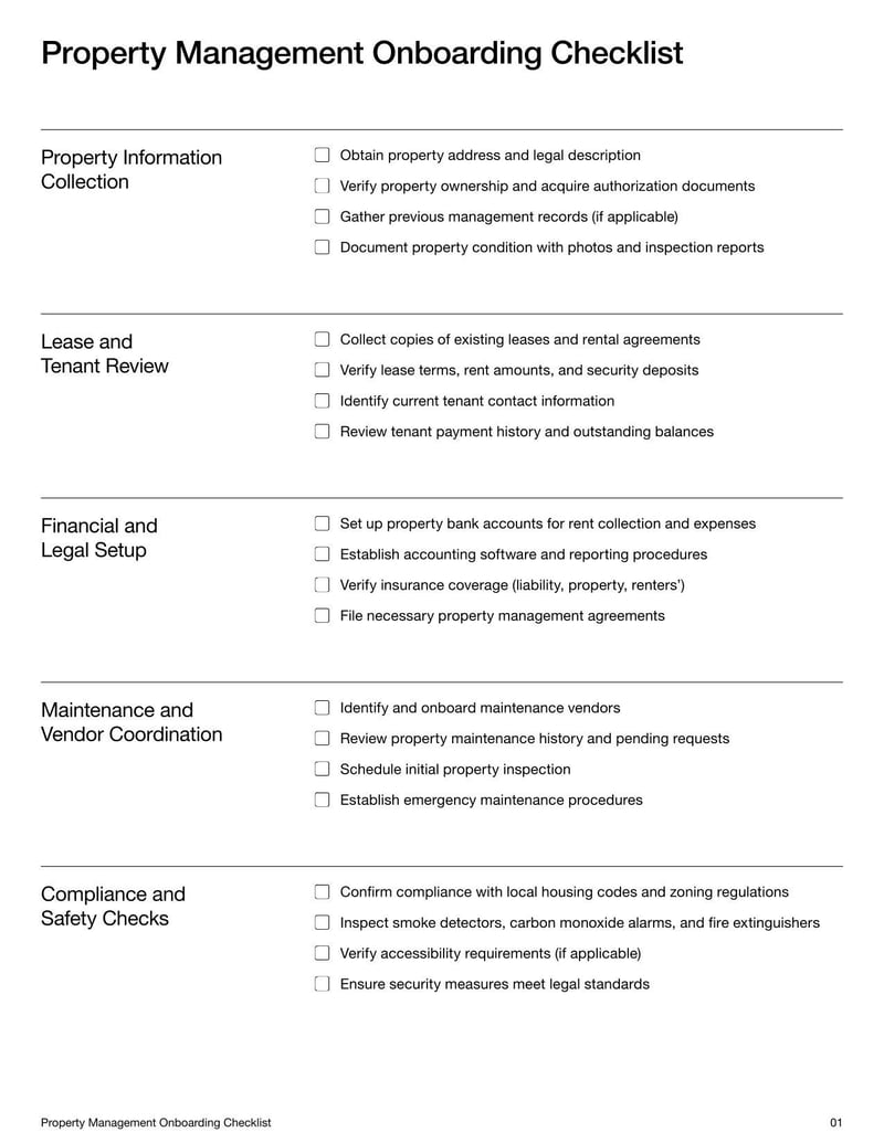 Property Management Onboarding Checklist for guiding new property managers through essential tasks