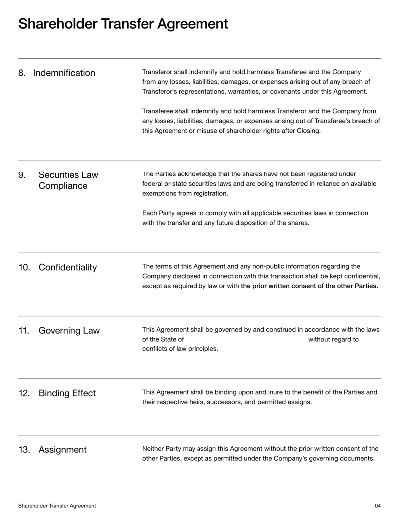 Shareholder Transfer Agreement documenting the sale and transfer of company shares and shareholder obligations
