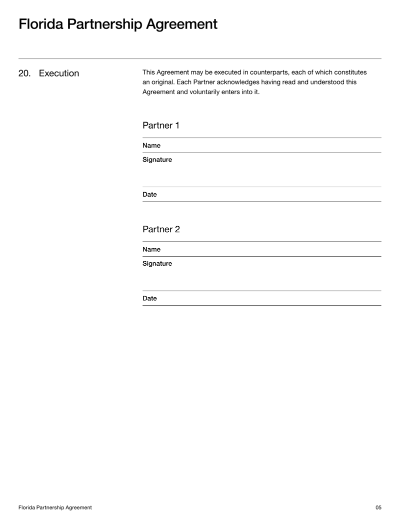 Partnership Agreement for Florida defining formation, partner duties, ownership interests and dispute resolution under Florida law