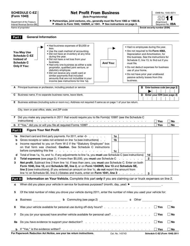 Large thumbnail of Form 1040 (Schedule C-EZ) - Oct 2011