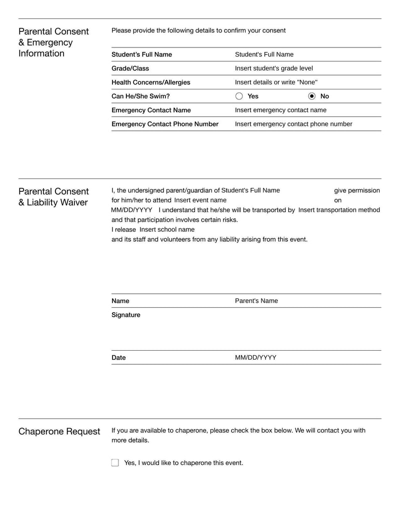 Permission Slip Template to collect parent consent for activities