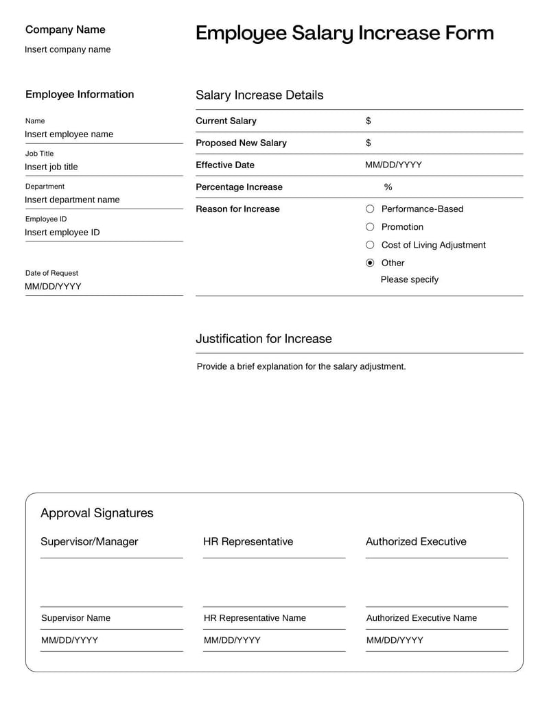 Employee Salary Increase Form for requesting or approving changes to an employee’s compensation