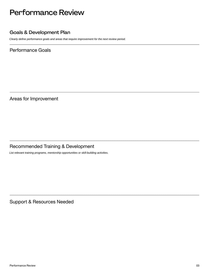 Performance Review Template for evaluating employee performance and setting future goals