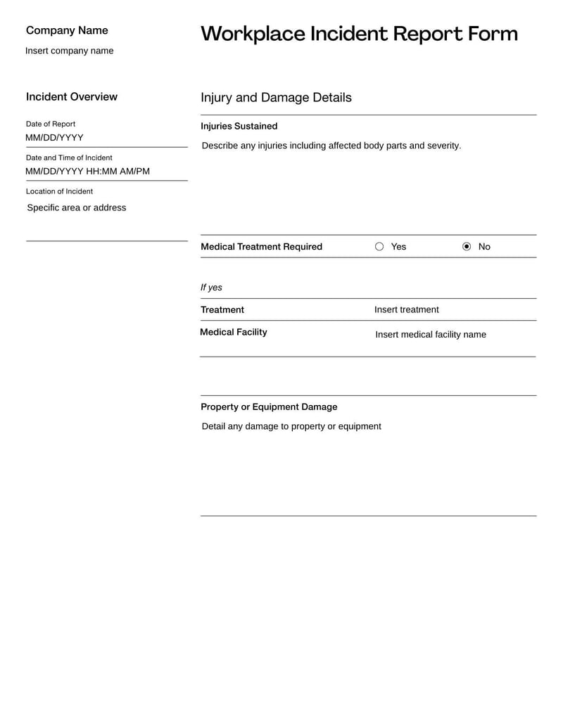 Workplace Incident Report Form for documenting details of incidents in the workplace