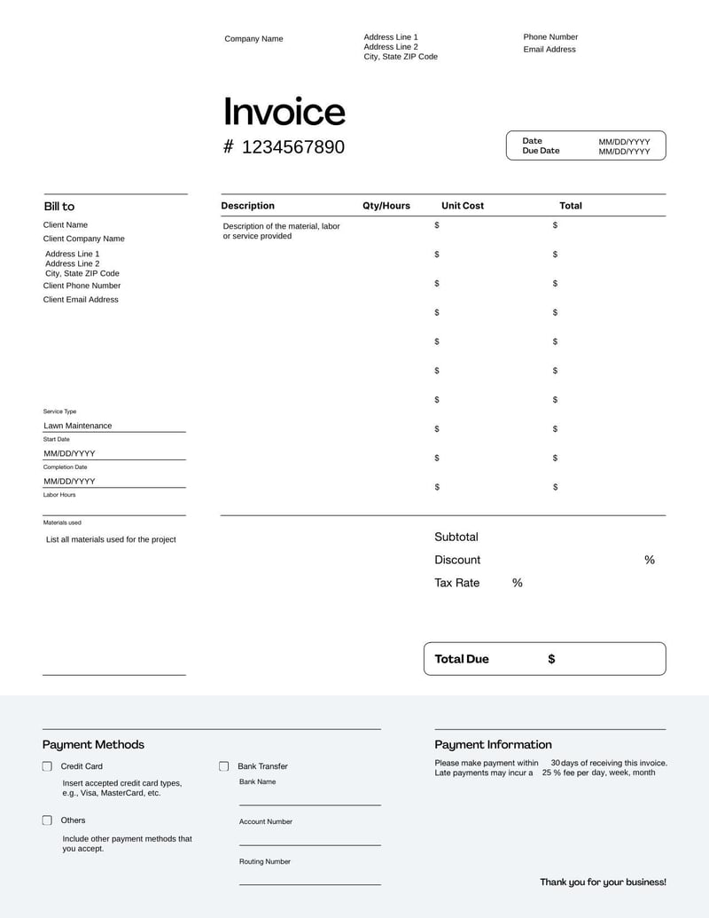 Landscaping Invoice for invoicing clients for lawn care, garden maintenance, and landscaping projects