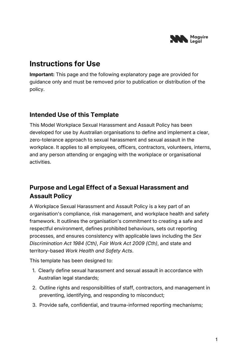 Workplace Sexual Harassment and Assault Policy for Australian organizations addressing compliance, reporting and zero-tolerance standards