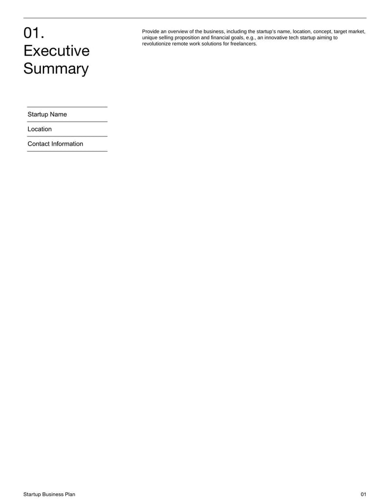 Startup Business Plan for presenting the business model, market research and growth strategy of a new venture