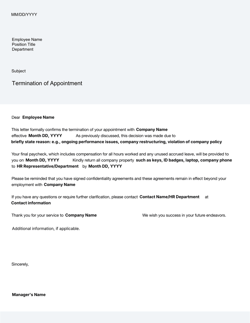 Letter of Termination of Appointment notifying employee of termination details, final payment and asset return