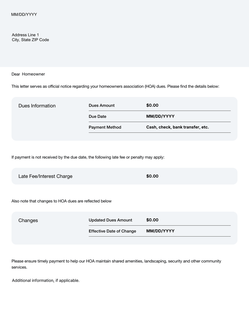 HOA Dues Letter with sections for payment amount, due date, late fees and updated dues notice