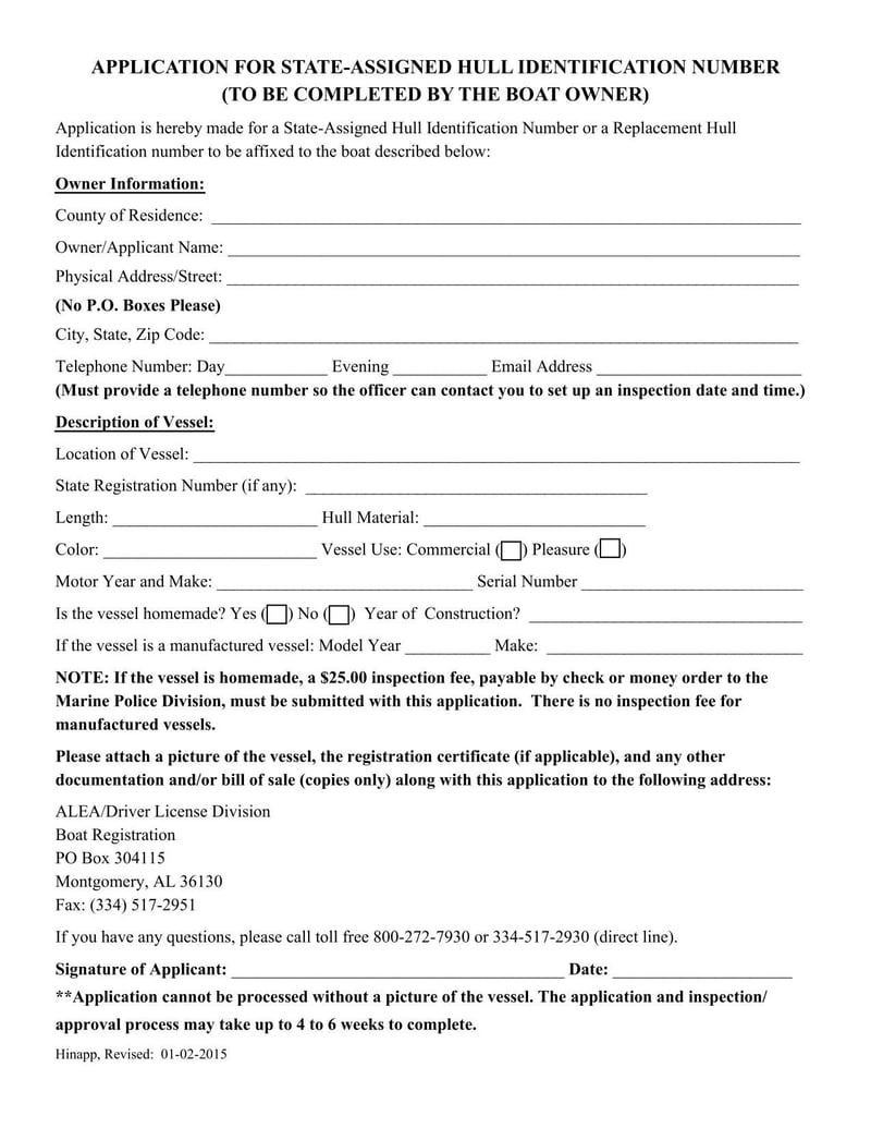 Large thumbnail of Alabama Application for State-Assigned Hull Identification Number