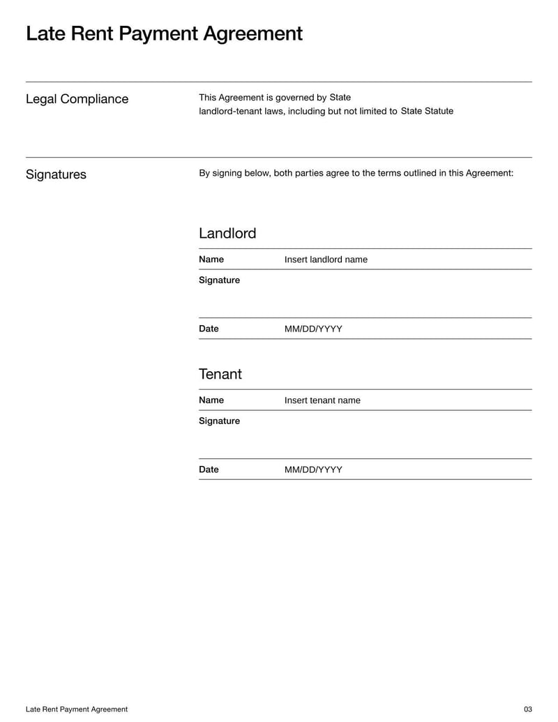 Late Rent Payment Agreement Form for arranging repayment terms and avoiding eviction