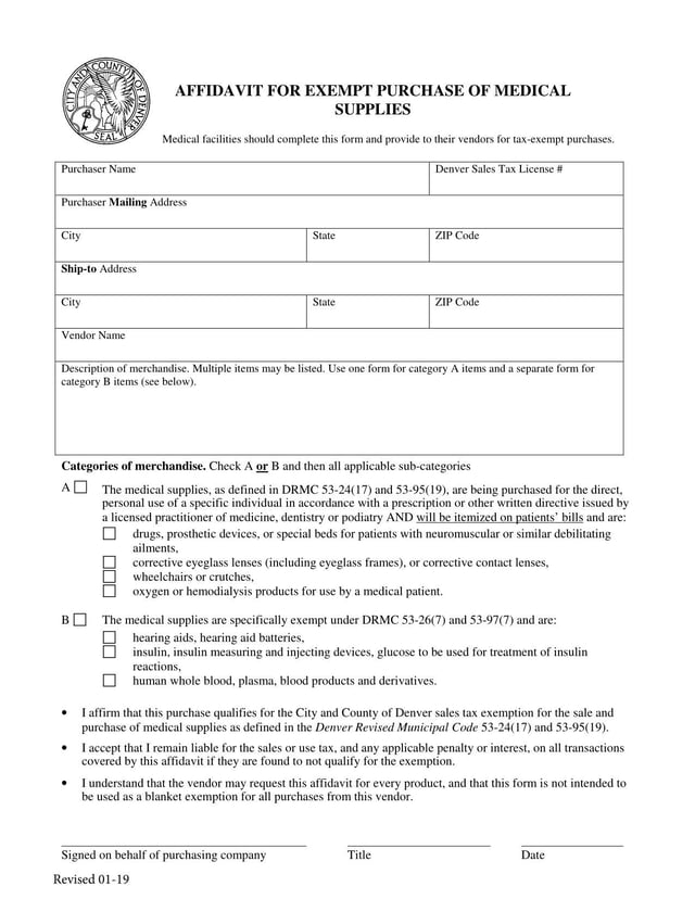 Denver Affidavit for Exempt Purchase of Medical Supplies (2019 