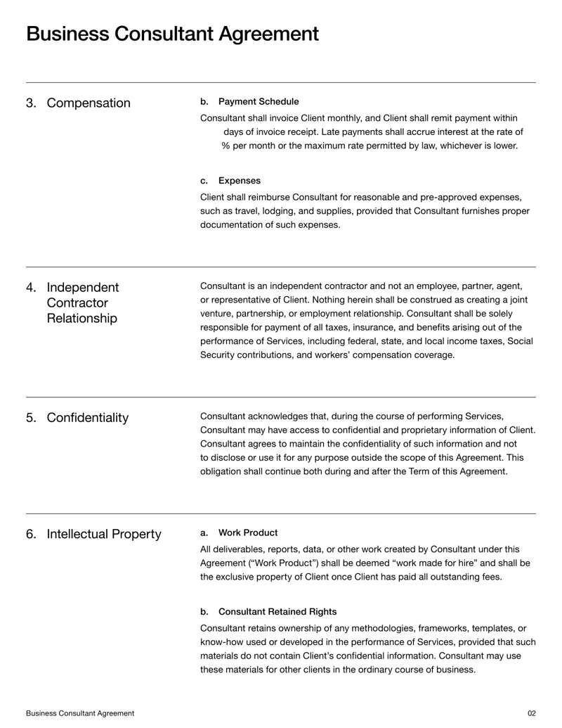 Business Consultant Agreement covering services, payment terms, confidentiality, intellectual property and termination