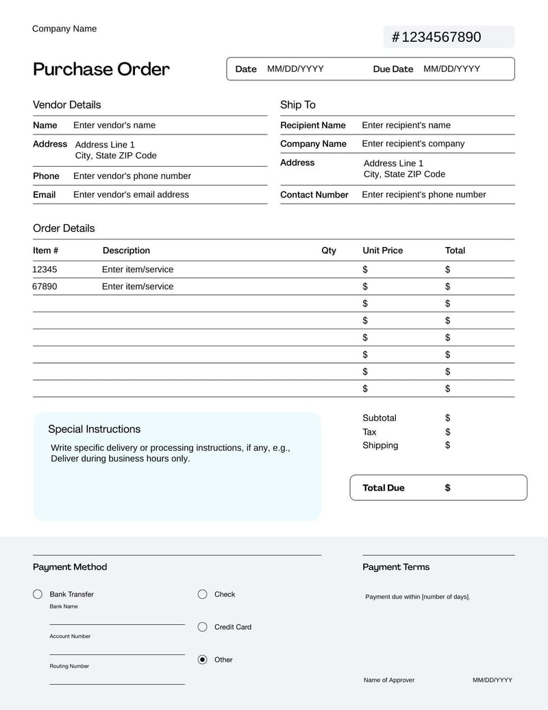 Purchase Order Details Template for specifying quantities and pricing in orders