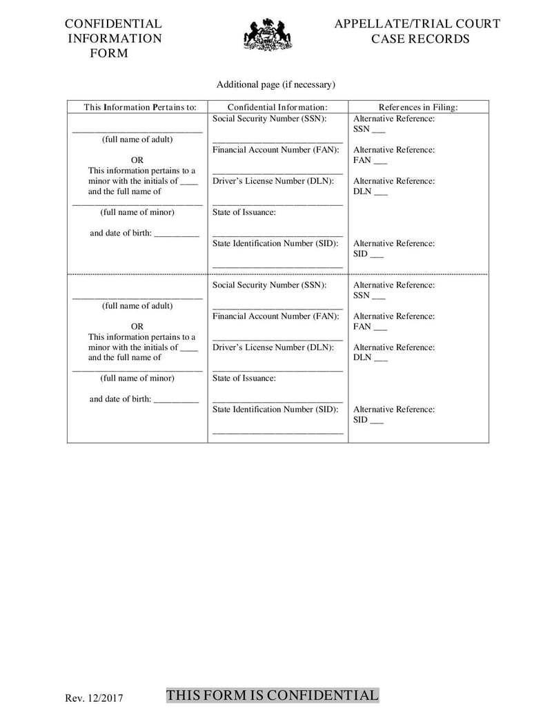 Large thumbnail of Bucks County Confidential Information Form - Dec 2017