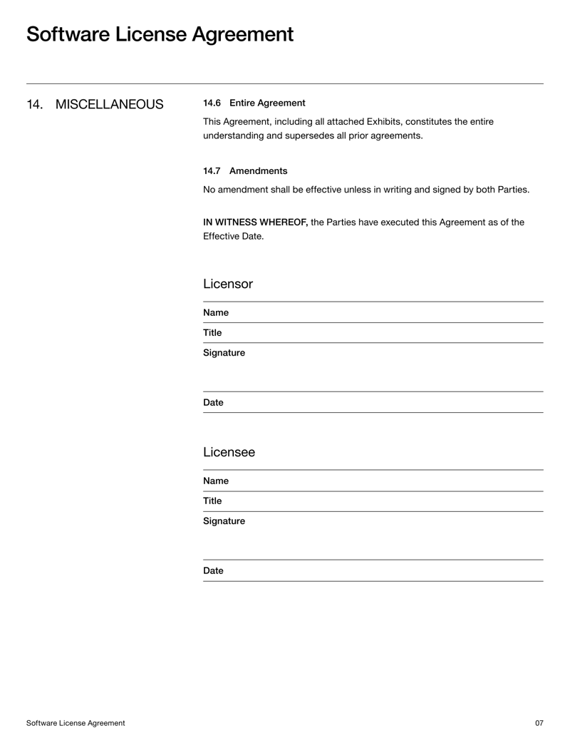 Software License Agreement for setting software usage rights between licensor and licensee