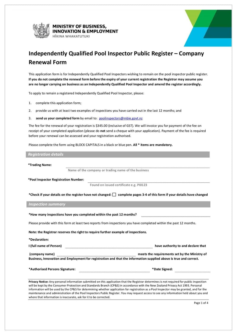 Large thumbnail of Independently Qualified Pool Inspector Public Register - Company Renewal Form - Jul 2018