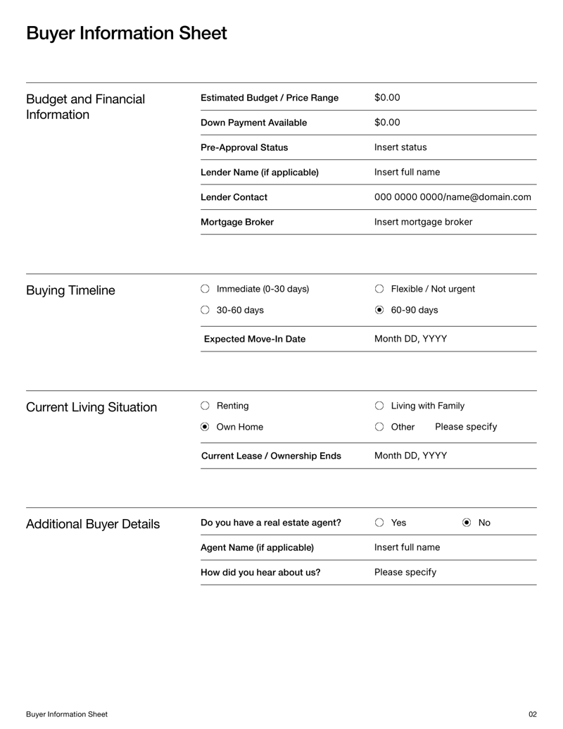 Buyer Information Sheet Real Estate with sections for contact details, property preferences, financial information and timeline