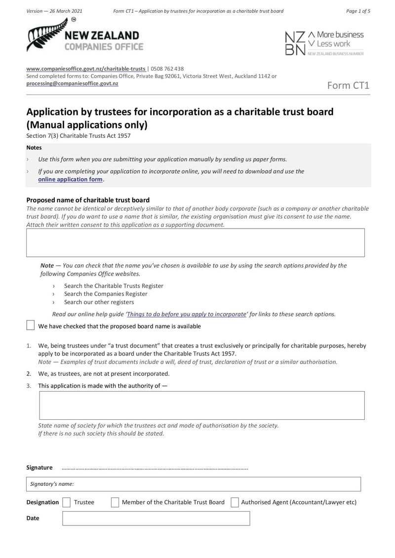 Large thumbnail of Form CT1 Application by Trustees for Incorporation as a Charitable Trust Board - Nov 2022
