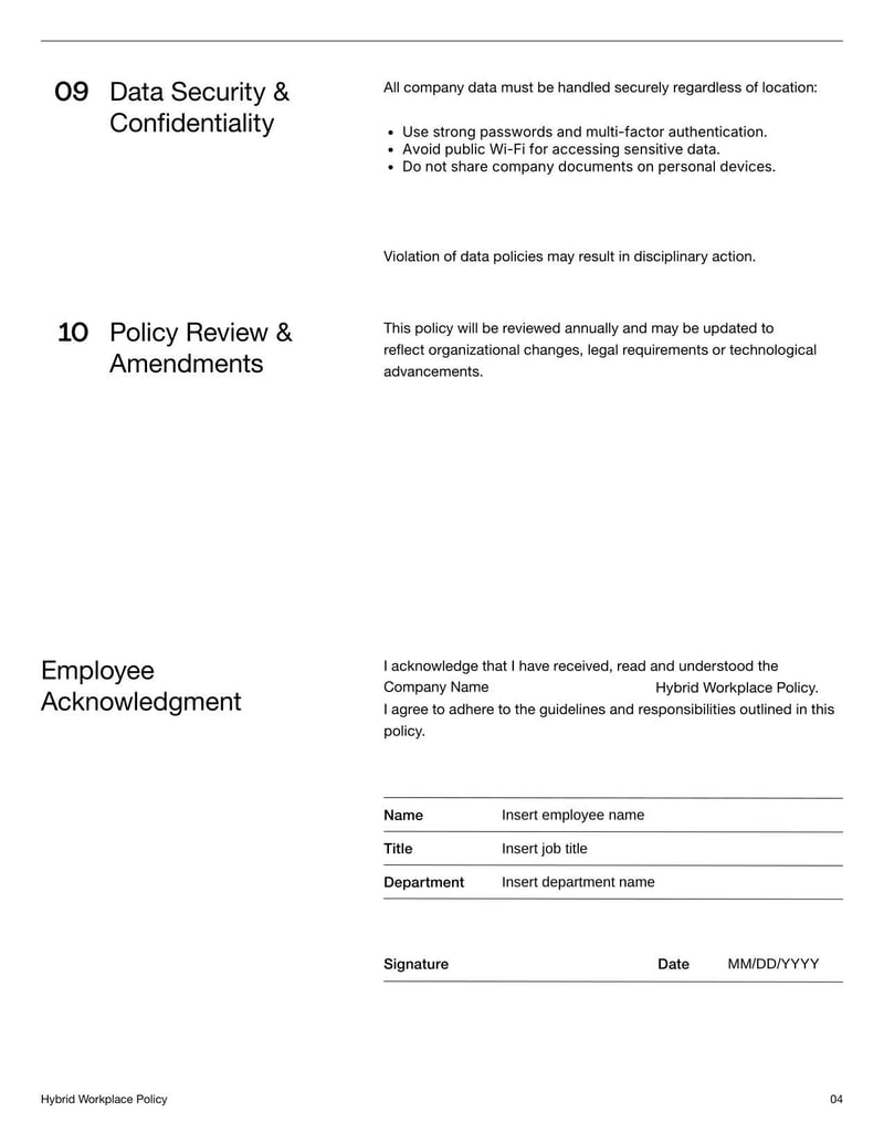 Hybrid Workplace Policy for outlining guidelines on remote and in-office work arrangements