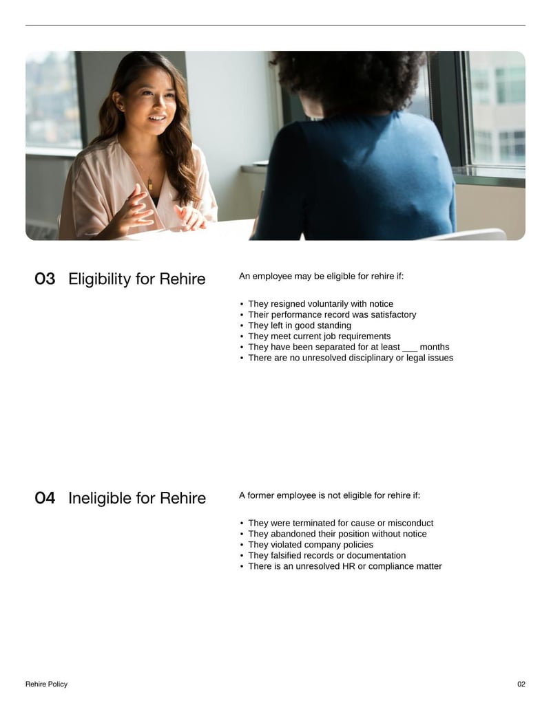 Rehire Policy for outlining conditions under which former employees may be eligible for reemployment