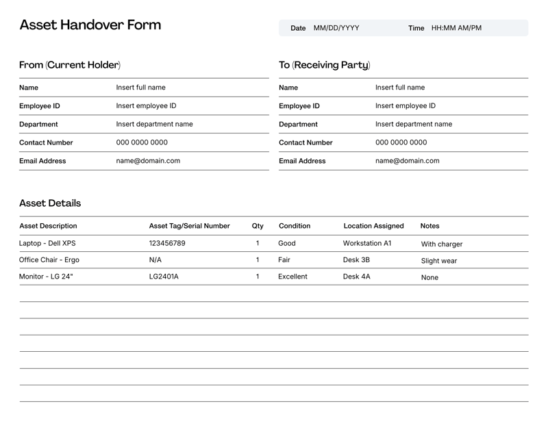 Asset Handover Form for tracking equipment and tool transfers between employees