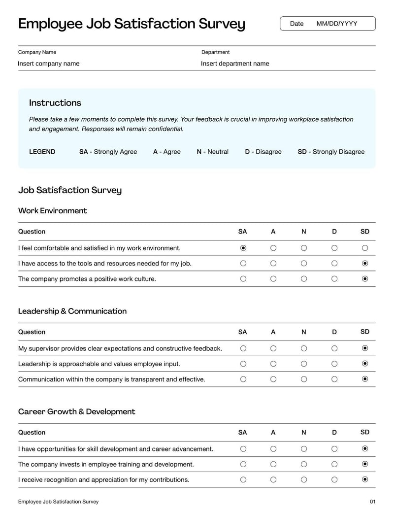Employee Job Satisfaction Survey for assessing workplace satisfaction, engagement, and areas for improvement