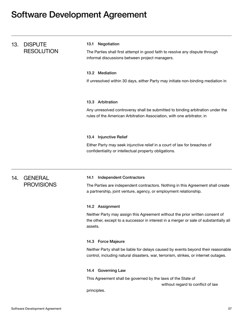 Software Development Agreement template for defining developer-client roles, deliverables and IP ownership