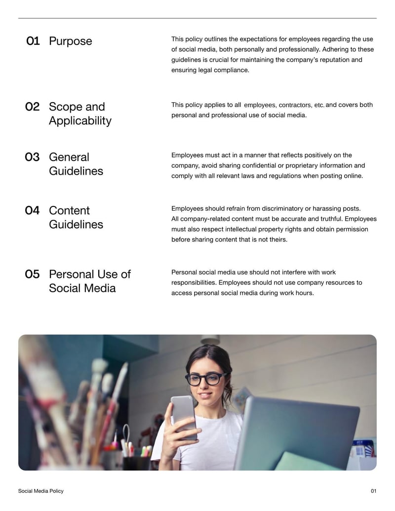 Social Media Policy Document establishing guidelines for employees’ online conduct related to work