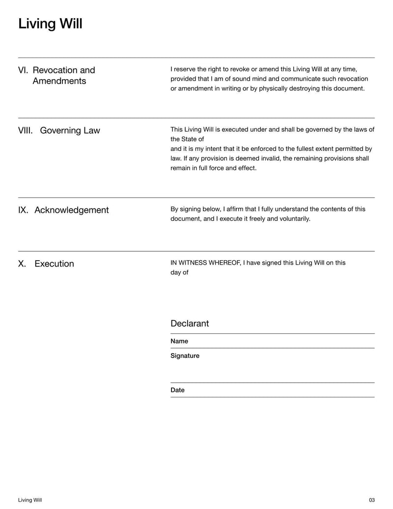 Living Will for stating healthcare preferences in end-of-life situations