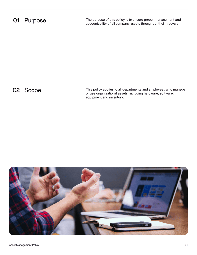 Asset Management Policy Template detailing tracking, tagging, transfers and disposal procedures