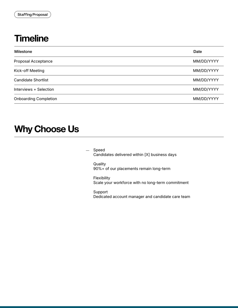 Staffing Proposal Template for agencies presenting workforce solutions to clients