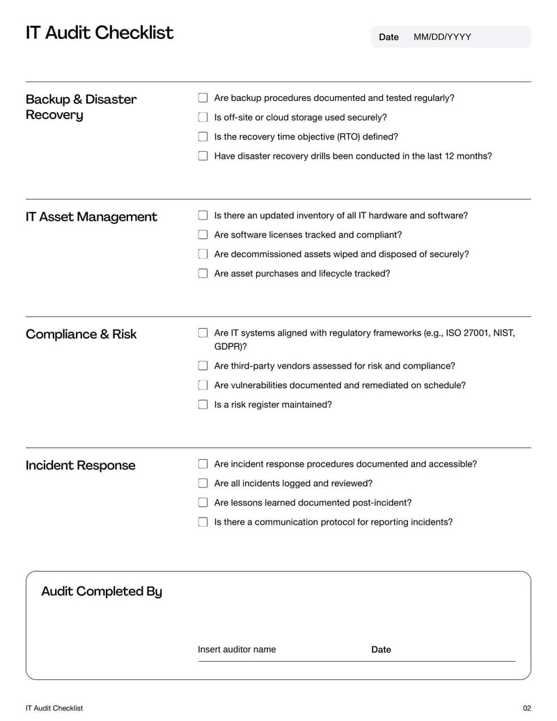 IT Audit Checklist for reviewing an organization's information technology systems and controls
