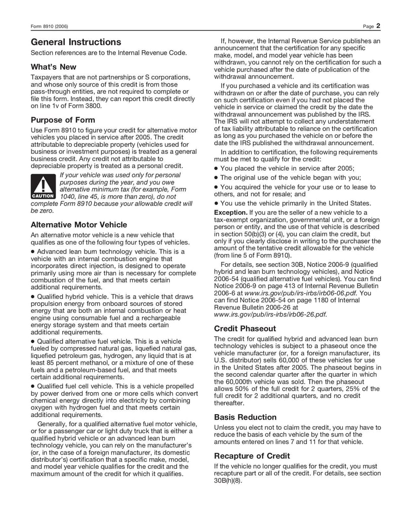 Large thumbnail of Form 8910 - Nov 2006