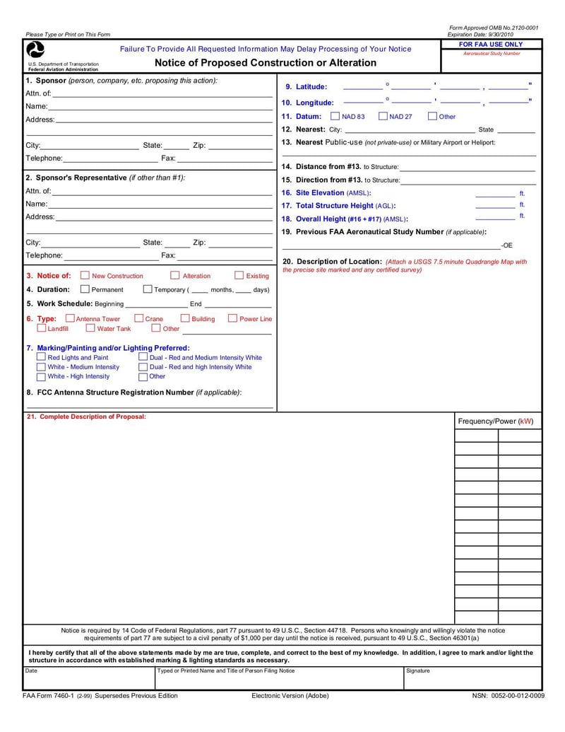 Large thumbnail of FAA Form 7460-1 - Apr 2009