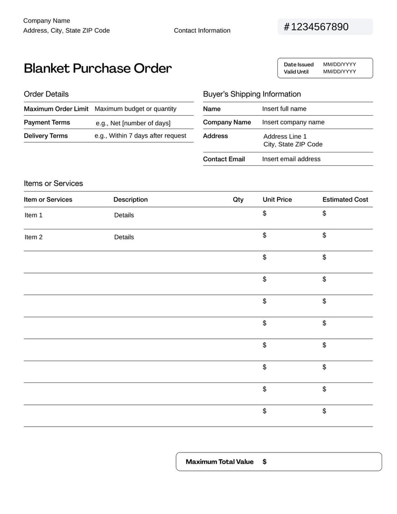 Blanket Purchase Order Template for recurring vendor purchases