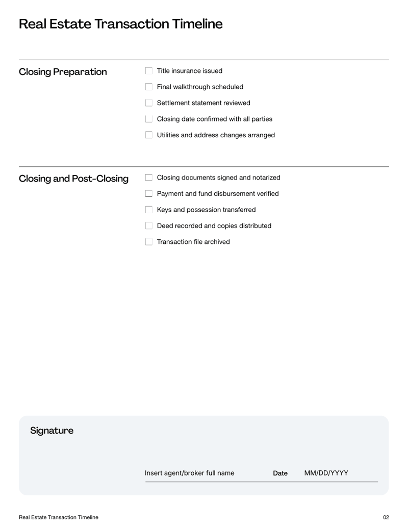Real Estate Transaction Timeline form listing stages from offer to closing with task checkboxes and timeline milestones