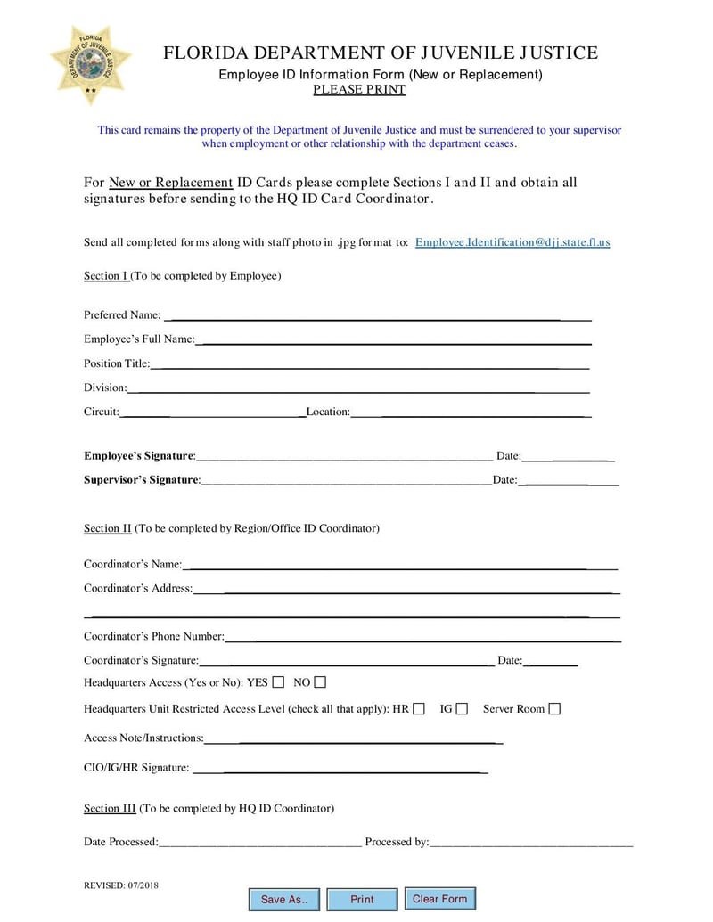 Large thumbnail of Florida Employee ID Information Form (New or Replacement) - Jul 2018