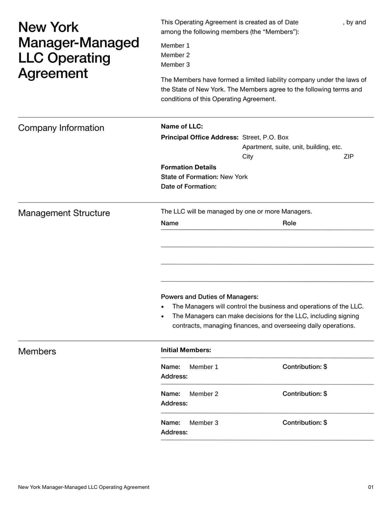 New York Manager-Managed LLC Operating Agreement detailing roles in a manager-managed New York LLC