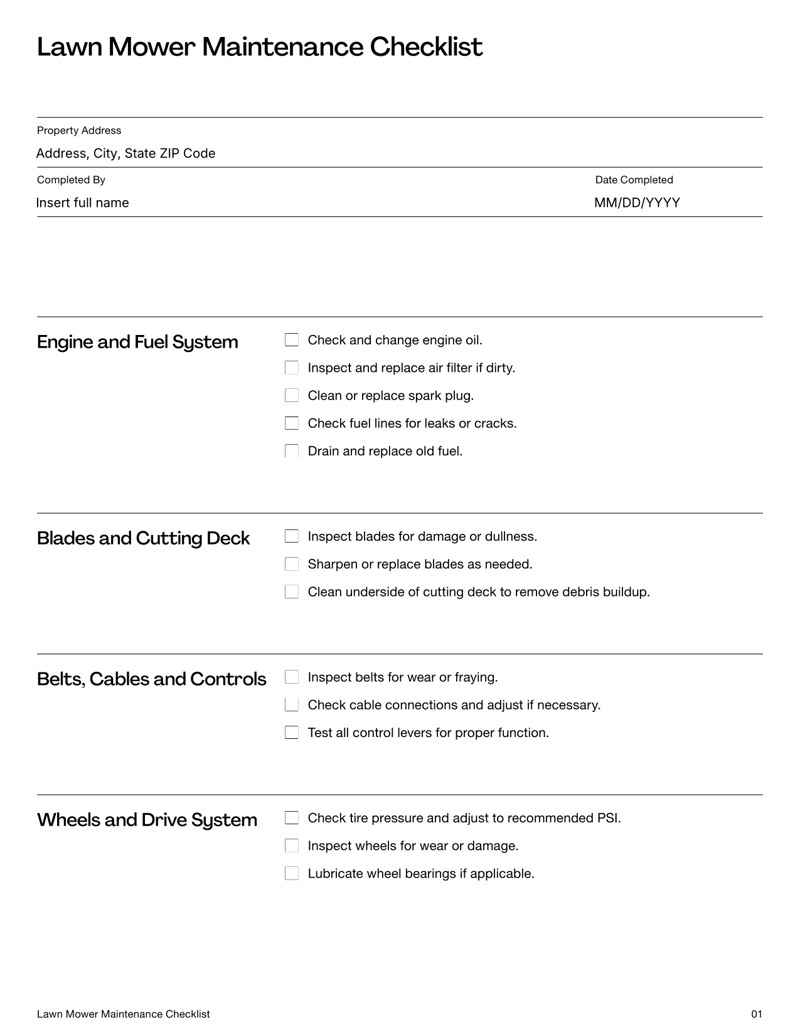 Lawn Mower Maintenance Checklist covering engine, blades, wheels, safety inspections and additional lawn care tools