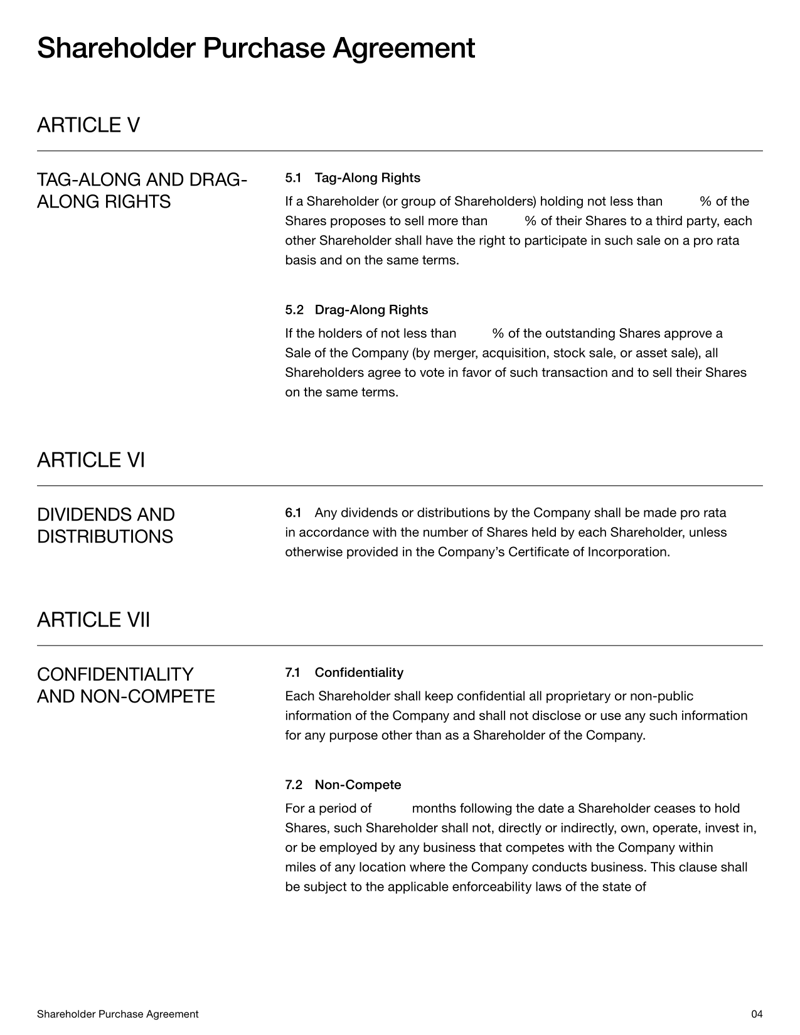 Startup Shareholder Agreement detailing shareholder rights, governance rules, ownership and dispute resolution