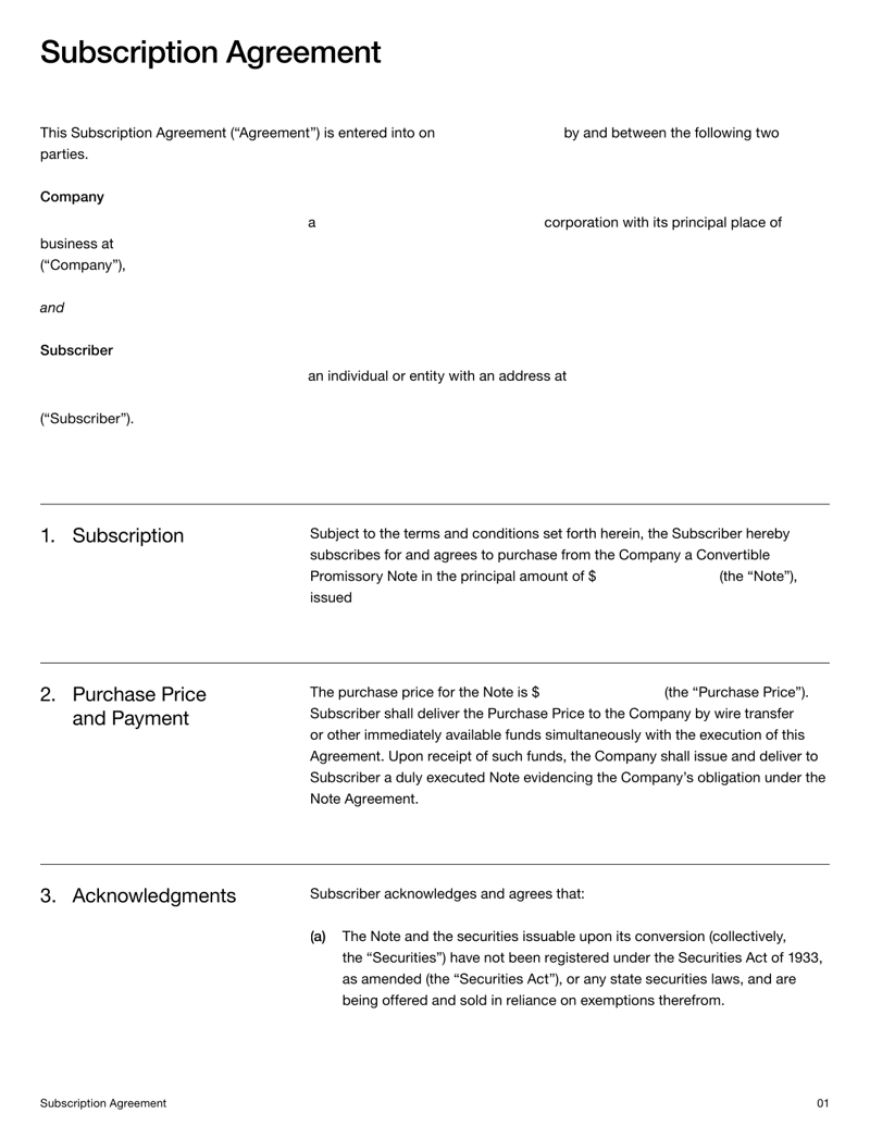 Subscription Agreement describing investor purchase terms, eligibility requirements and its connection to the Convertible Note Agreement