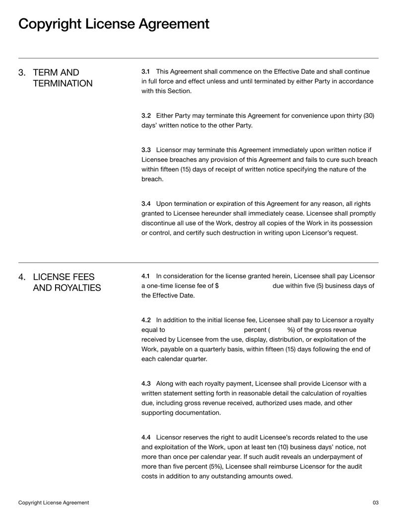 Copyright License Agreement detailing license scope, fees and intellectual property terms