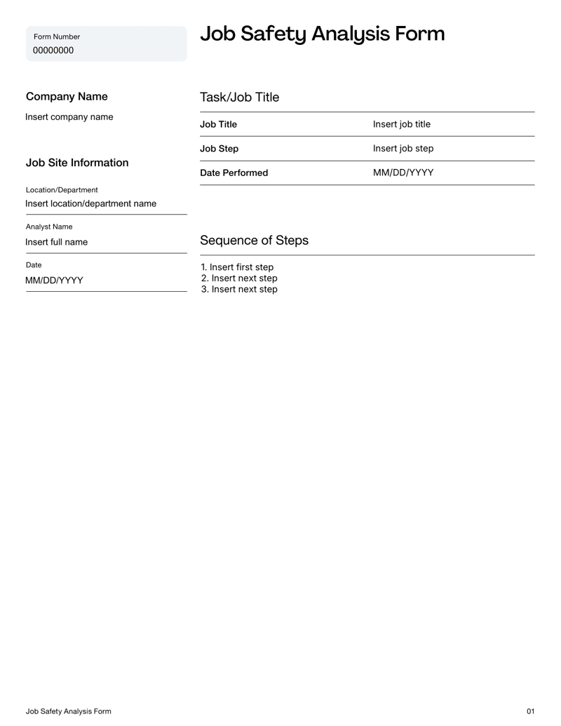 Job Safety Analysis Form with fields for job step sequence, hazards, control measures, risk rating and follow-up actions