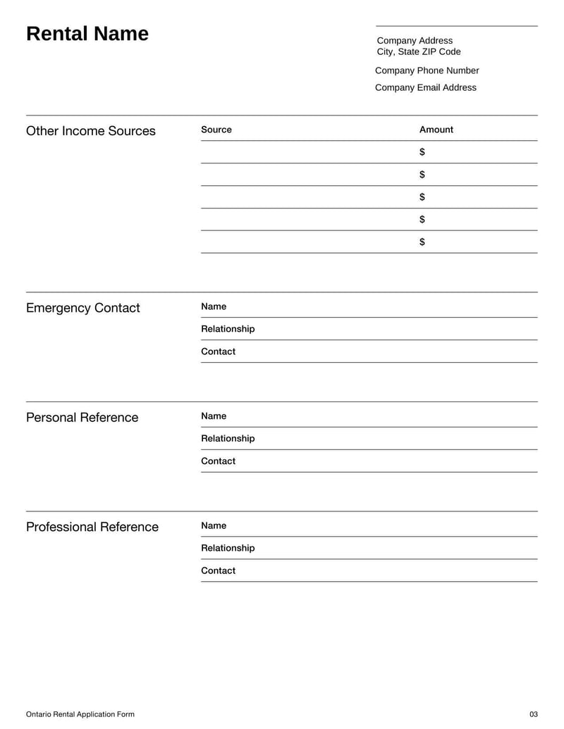 Rental Application Form Ontario for submitting tenant details in Ontario